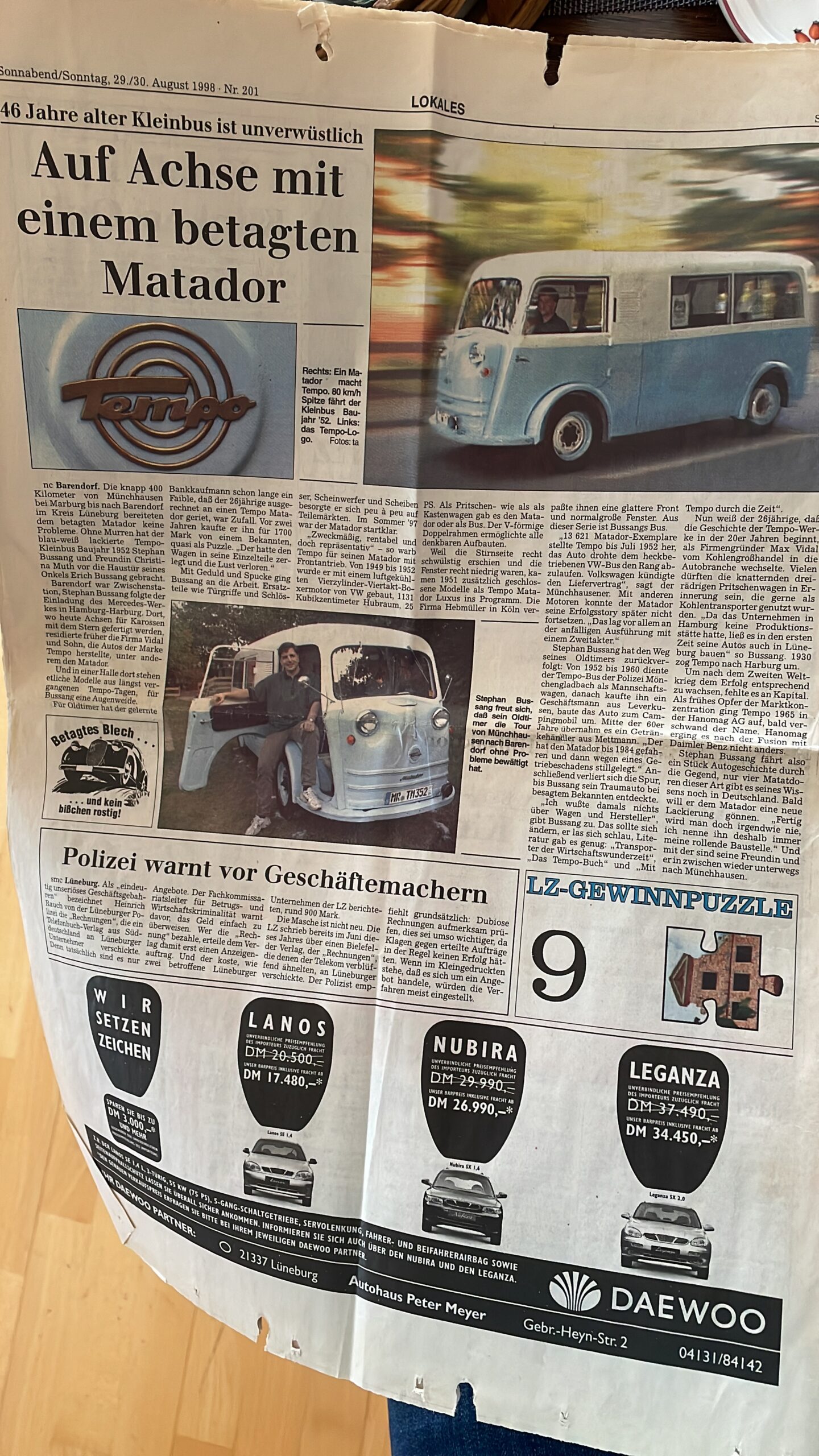 Zeitungsbericht der Landeszeitung für die Lüneburger Heide vom 29. und 30. August 1998 über den Tempo Matador