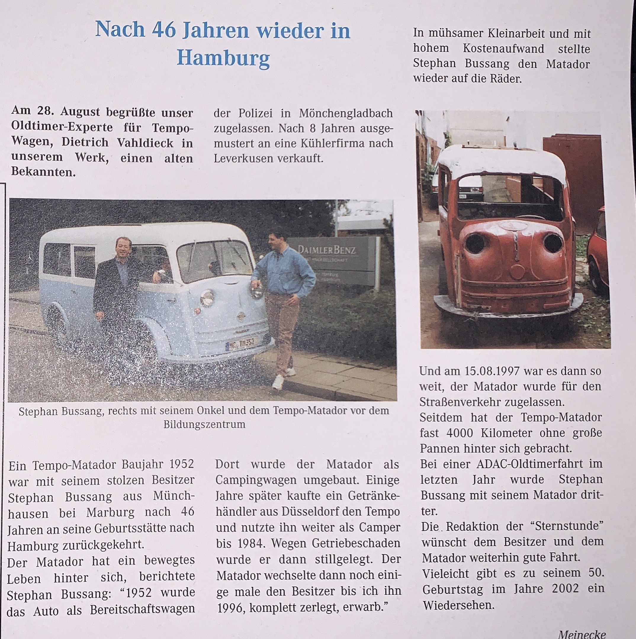 Historischer Bericht über die Rückkehr des Tempo Matador ins Hamburger Werk 1998